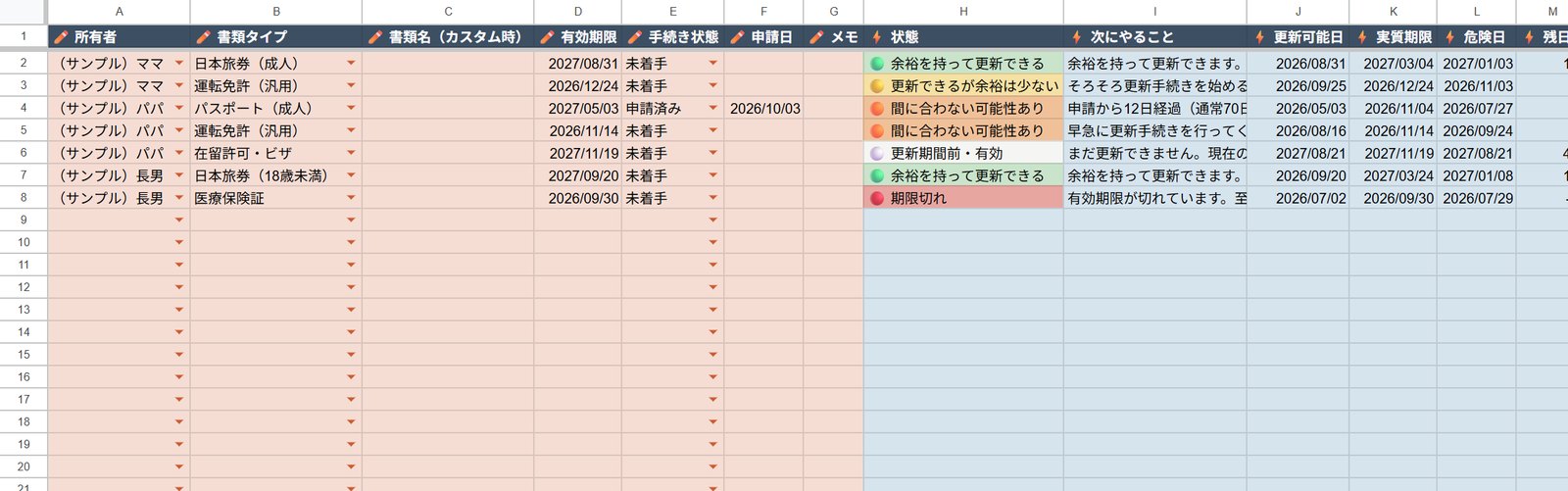 「保有書類」タブの画面。書類ごとに、状態が色で示され、申請の目安の日付が入っている