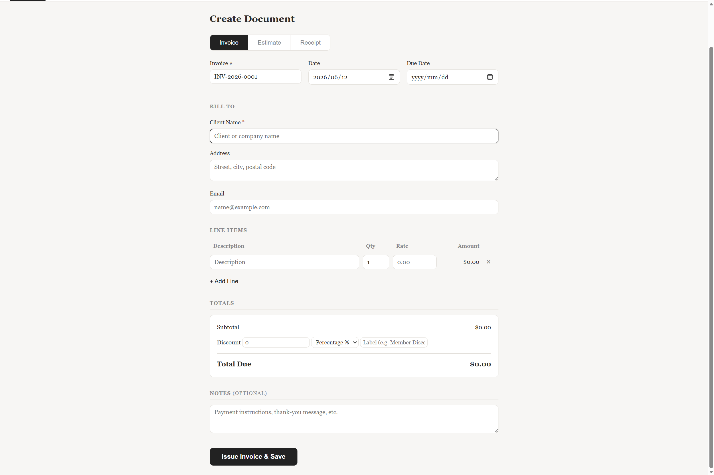 書類作成画面のスクリーンショット。Invoice・Estimate・Receiptのタブ切り替え、宛先入力、明細行、合計金額が表示されている